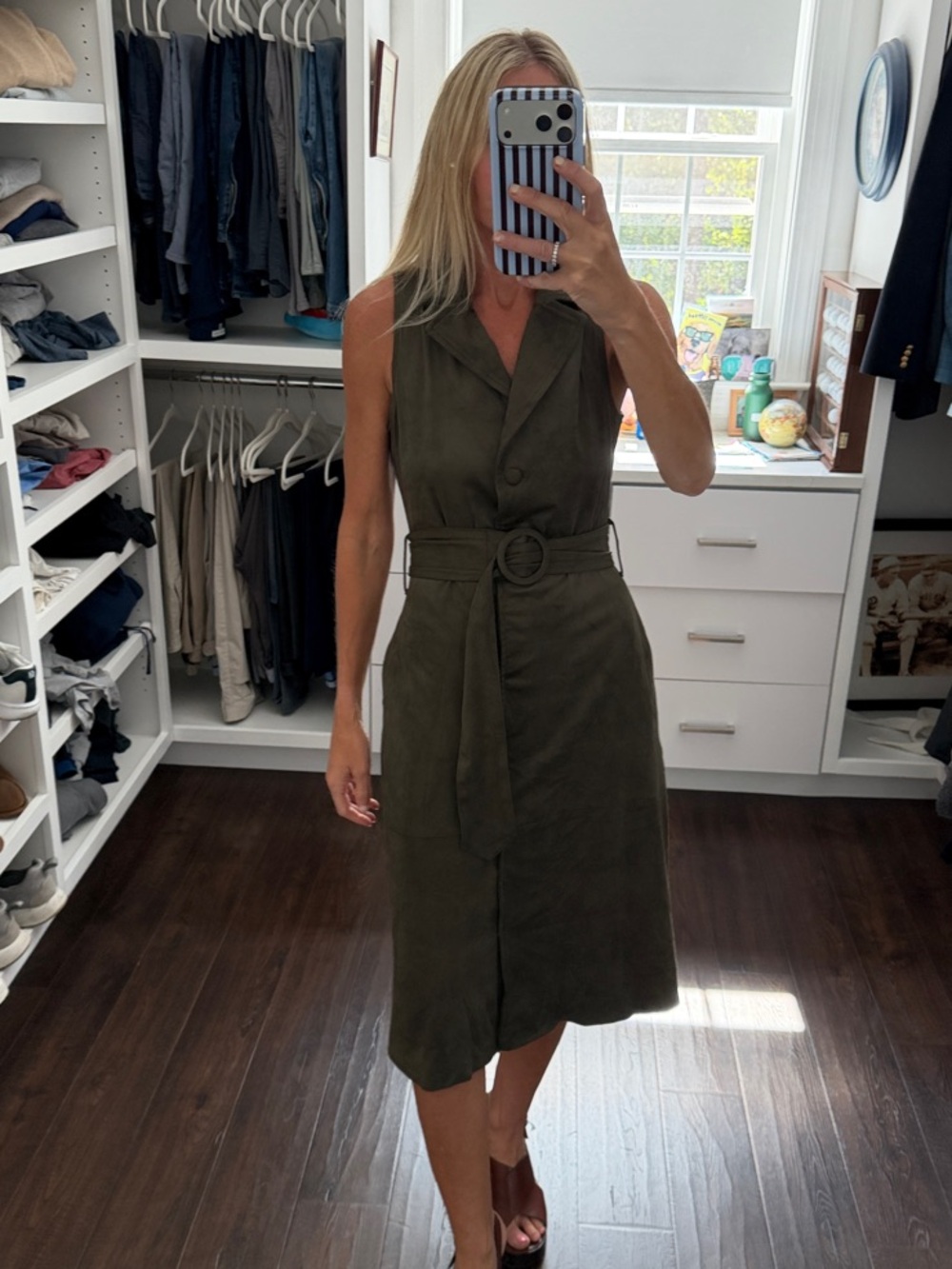 Avara Sleeveless Belted Midi Faux Suede Dress in Olive Green XS